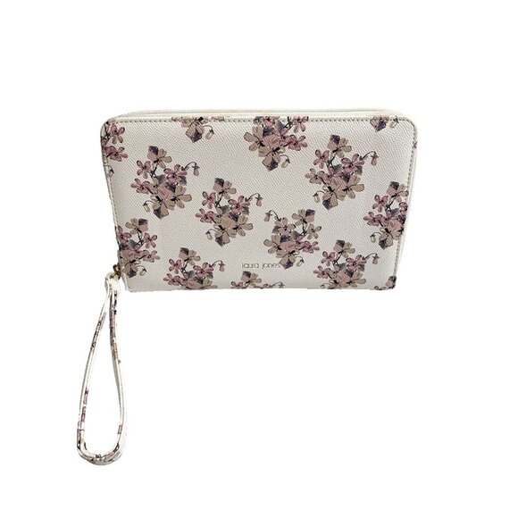 Laura Jones Wristlet Wallet Pink Flowers Zippers Card Slots Clear Window - Picture 1 of 12